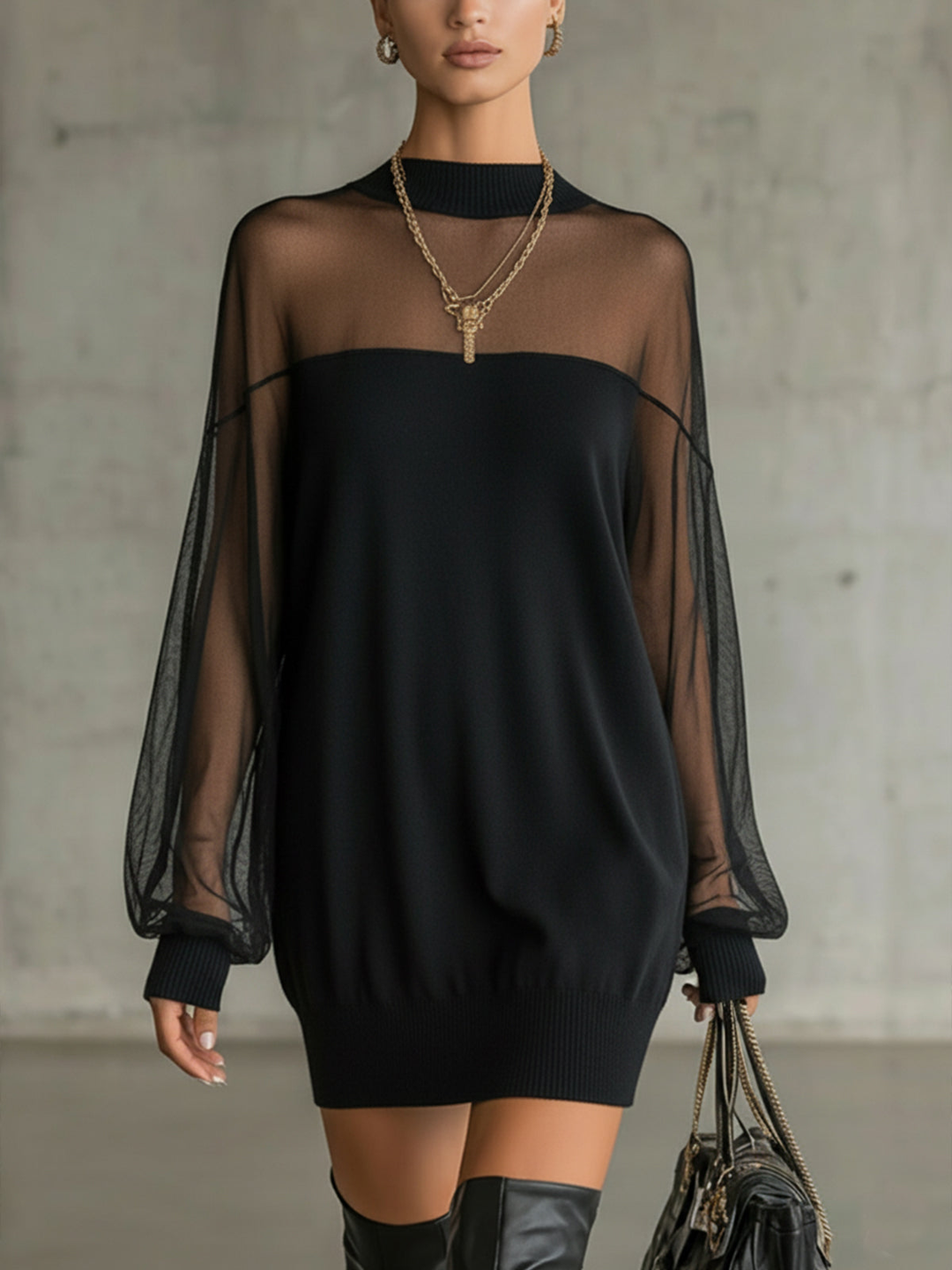 Daisy | Robe midi à col montant et manches en maille noire