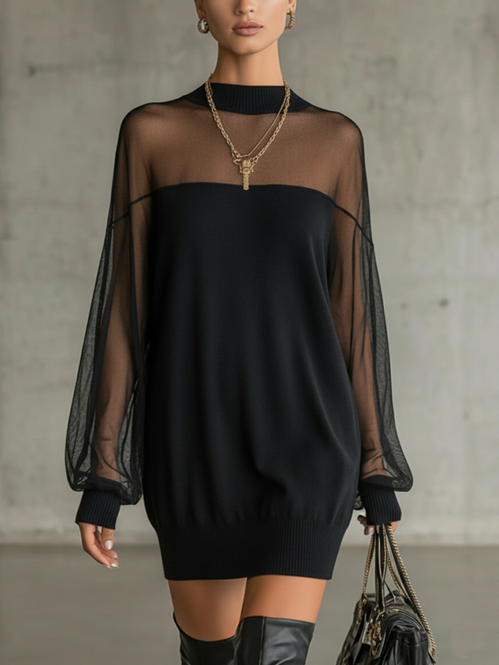 Daisy | Robe midi à col montant et manches en maille noire