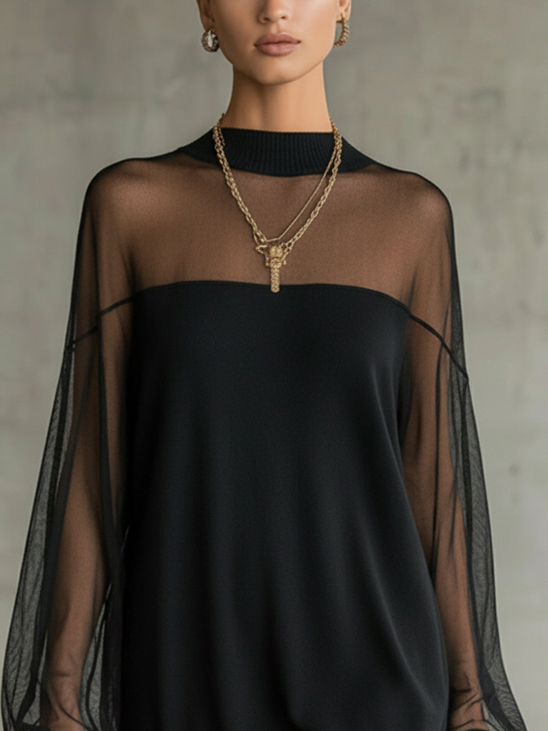 Daisy | Robe midi à col montant et manches en maille noire