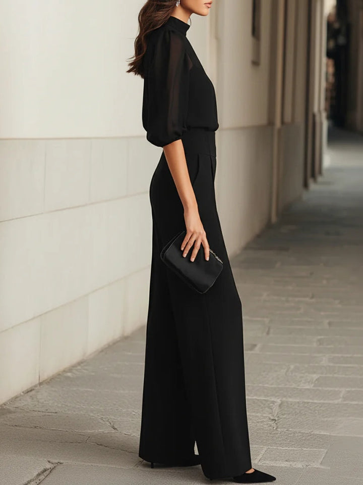 Jessica • Ensemble noir en trois pièces, composé d'un top en camisole transparent et d'un pantalon à jambes larges