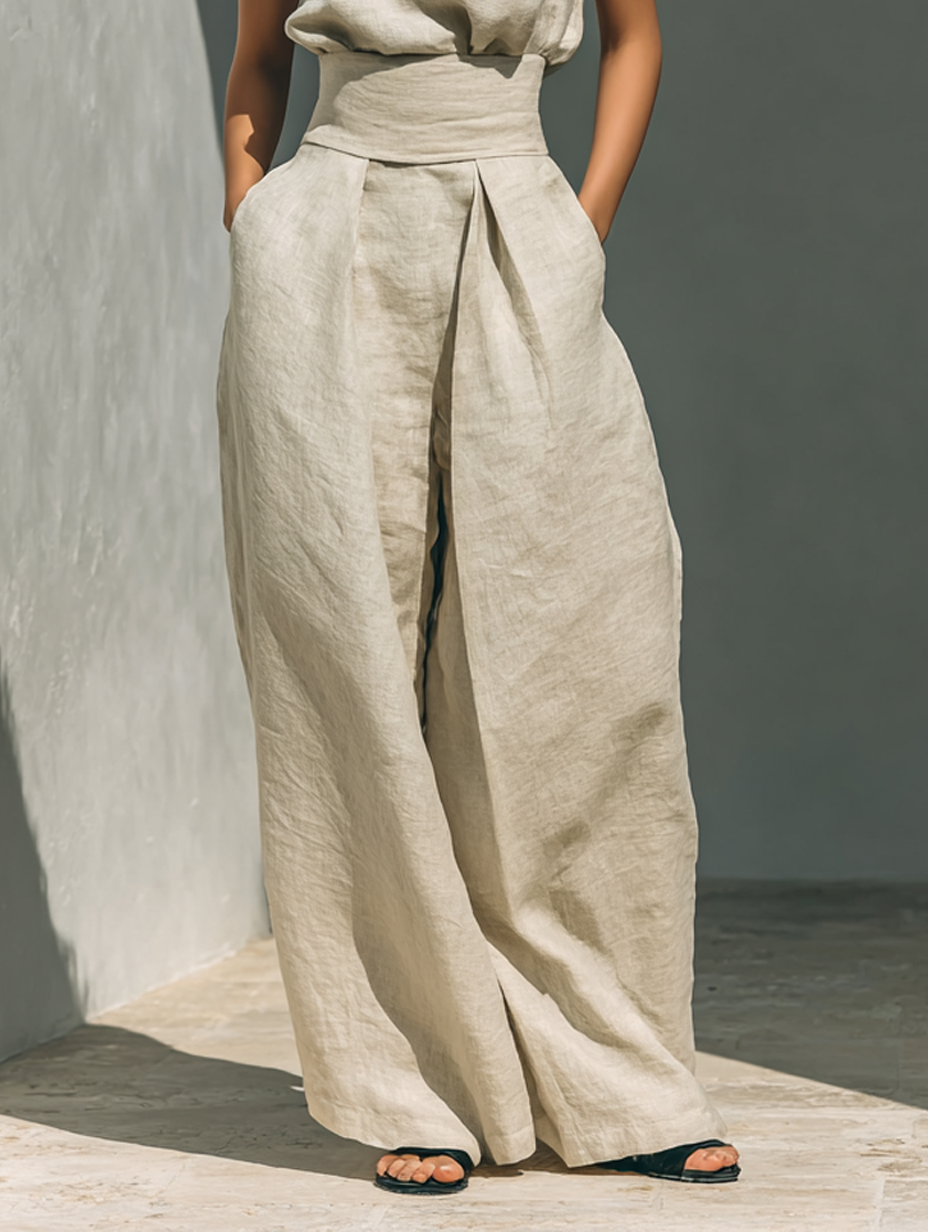 Aurora | Ensemble Co-Ord Beige Détendu Sans Manches à Jambes Larges