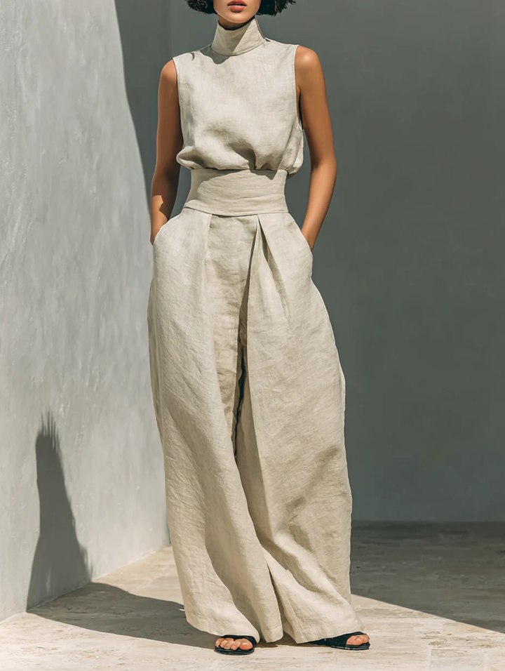 Aurora | Ensemble Co-Ord Beige Détendu Sans Manches à Jambes Larges