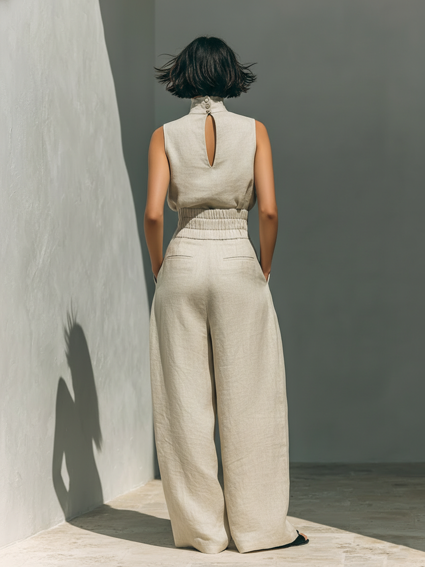 Dorothy • Ensemble comprenant un top beige sans manches et un pantalon large