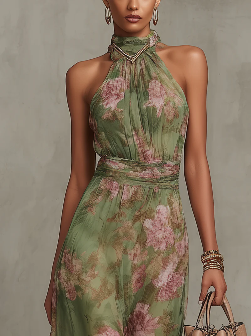 Florence | Robe Maxi Chiffon à Fleurs Vertes