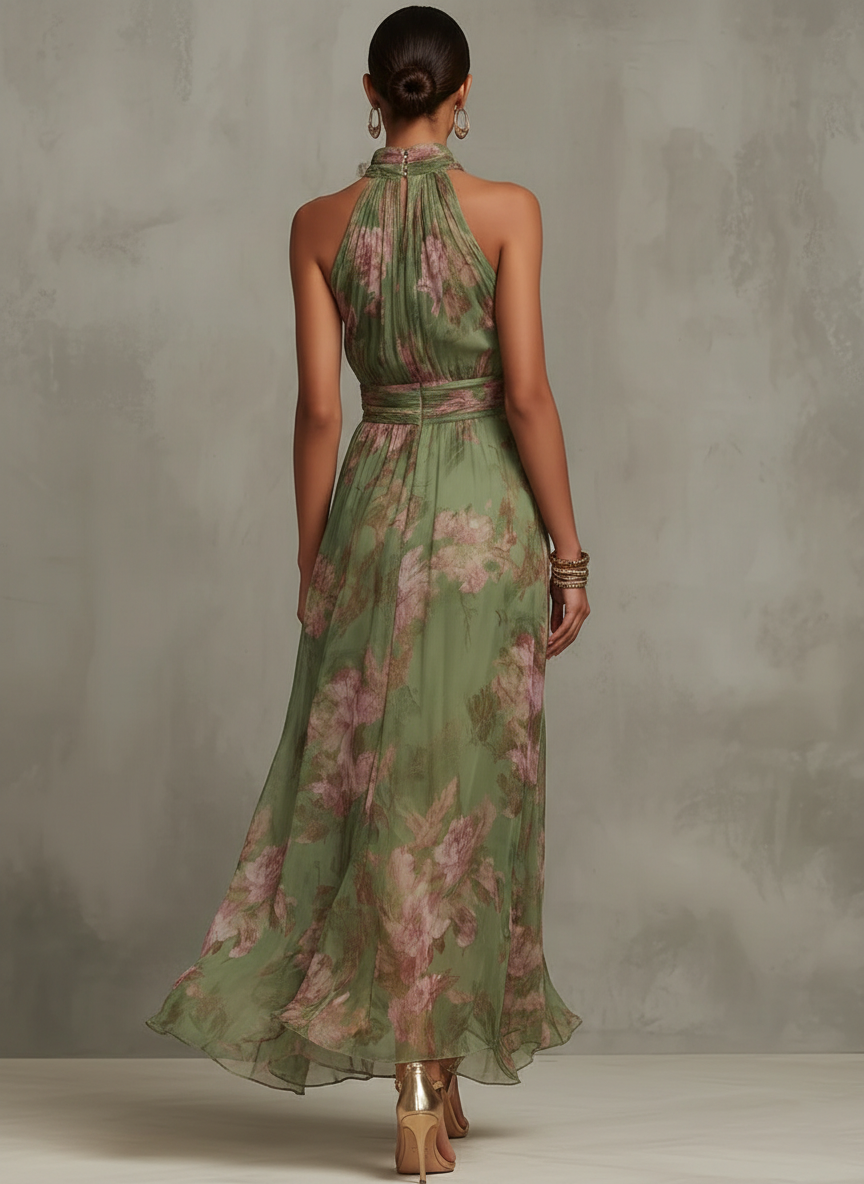 Ruth ∙ Robe longue verte à fleurs avec col halter