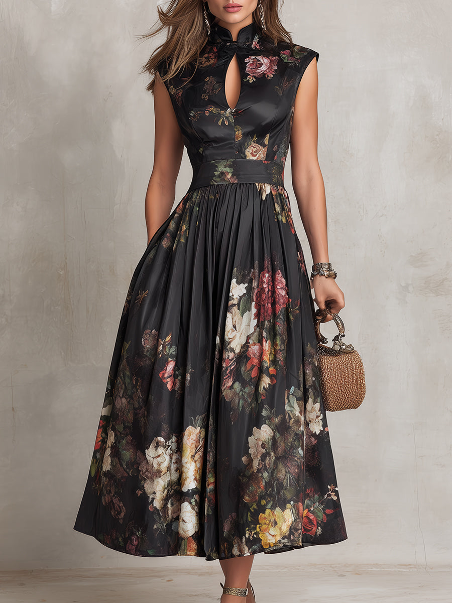 Patricia | Robe Midi Plissée en Satin Noir à Fleurs