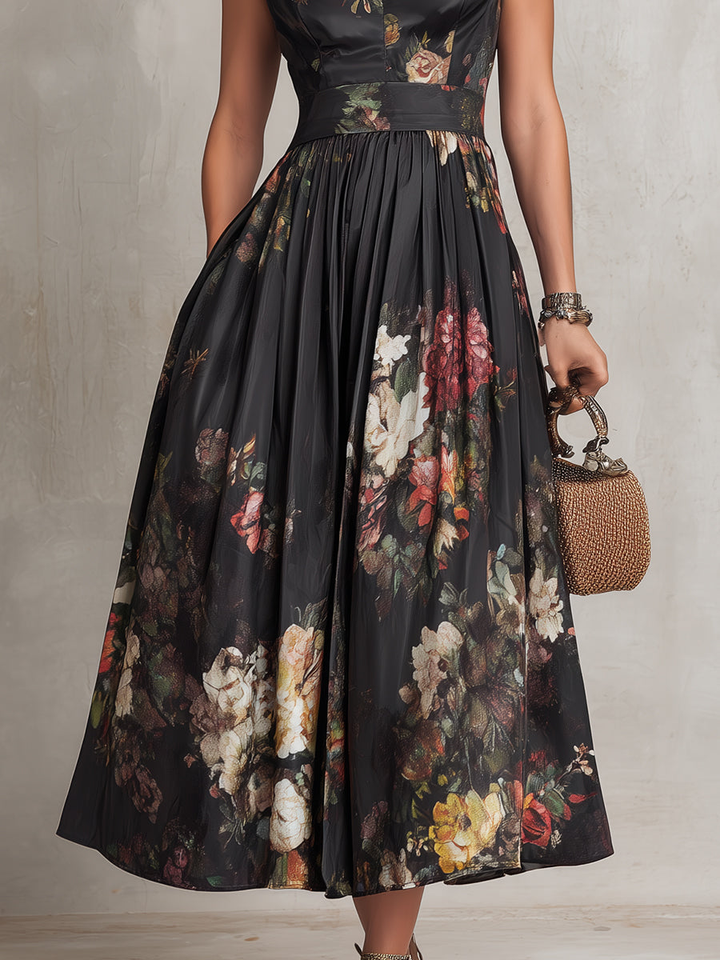 Patricia | Robe Midi Plissée en Satin Noir à Fleurs