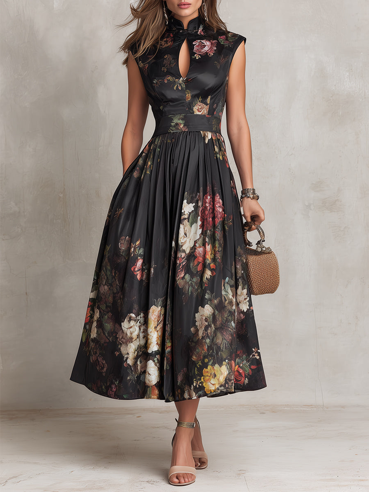 Patricia | Robe Midi Plissée en Satin Noir à Fleurs