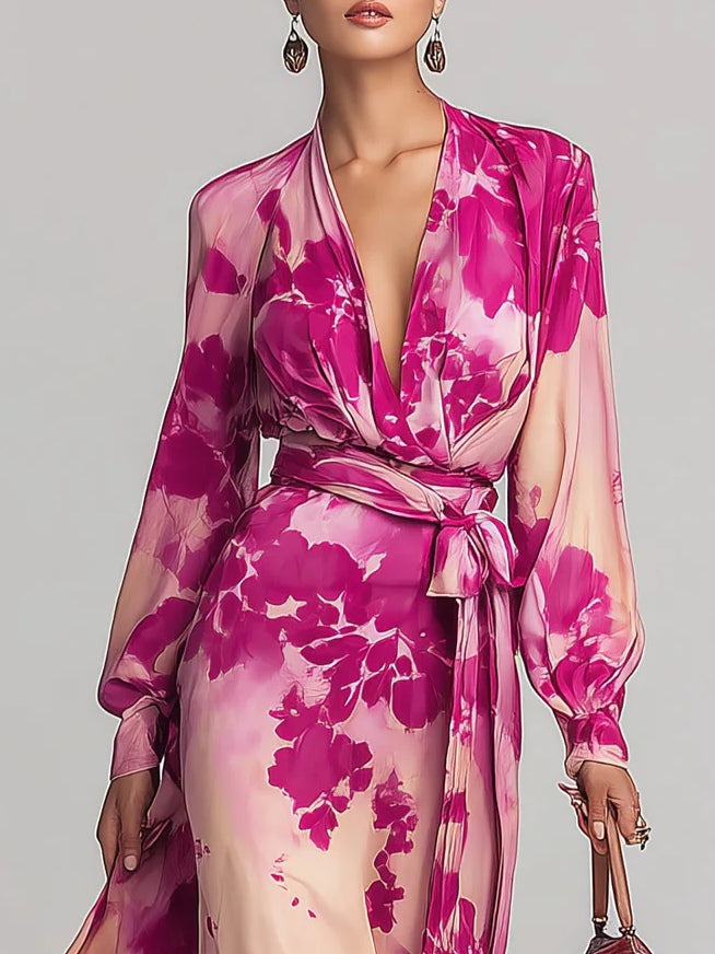 Julia | Robe Maxi Ceinturée à Fleurs Rose à Col V