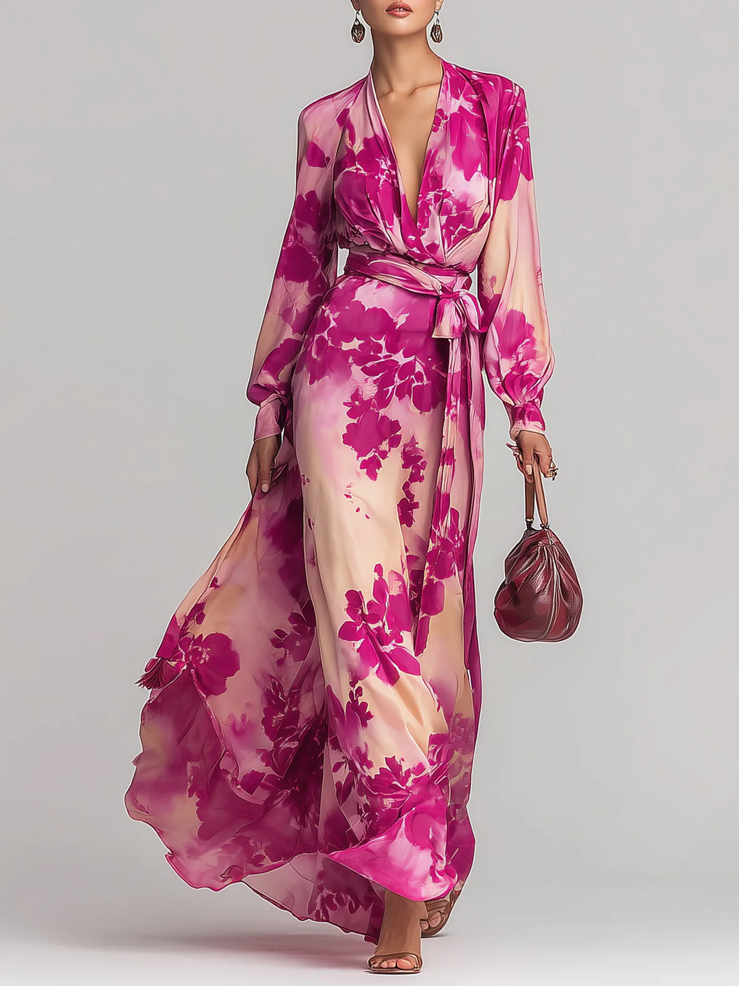 Julia | Robe Maxi Ceinturée à Fleurs Rose à Col V