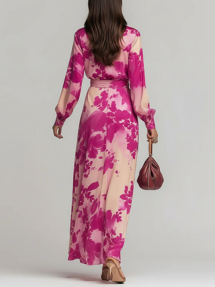 Julia | Robe Maxi Ceinturée à Fleurs Rose à Col V