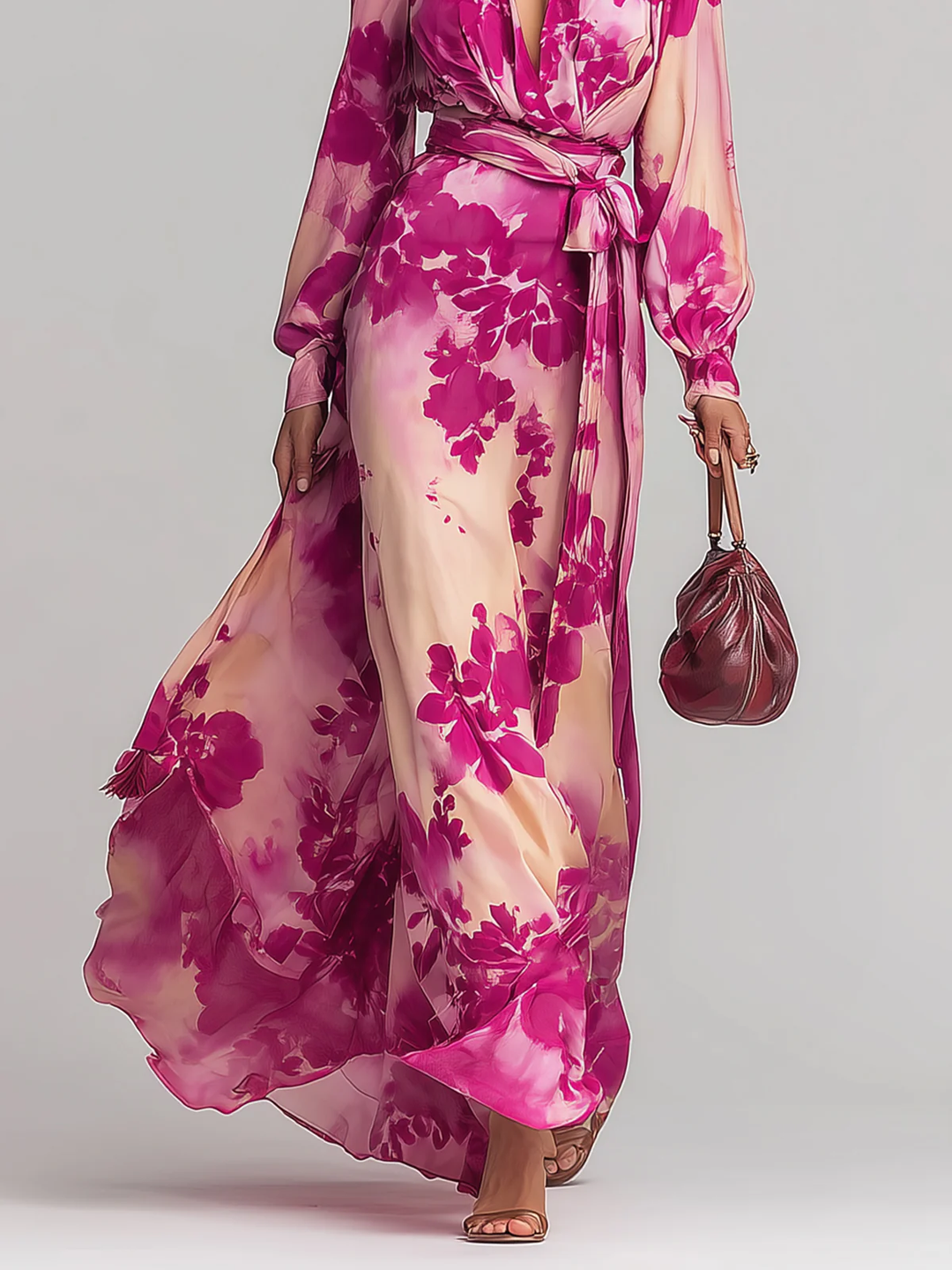 Julia | Robe Maxi Ceinturée à Fleurs Rose à Col V