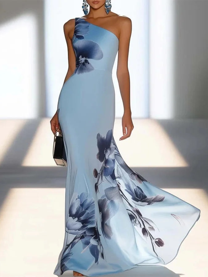 Victoria | Robe Maxi Off-Shoulder en Imprimé Satin
