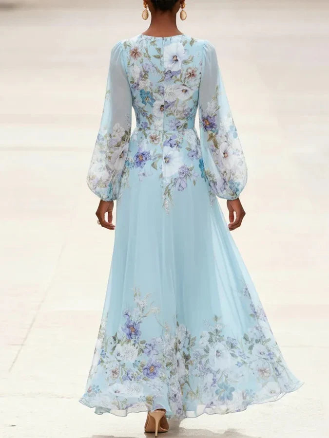 Mia | Robe Maxi Chiffon Fleurie Bleu Clair à Col V