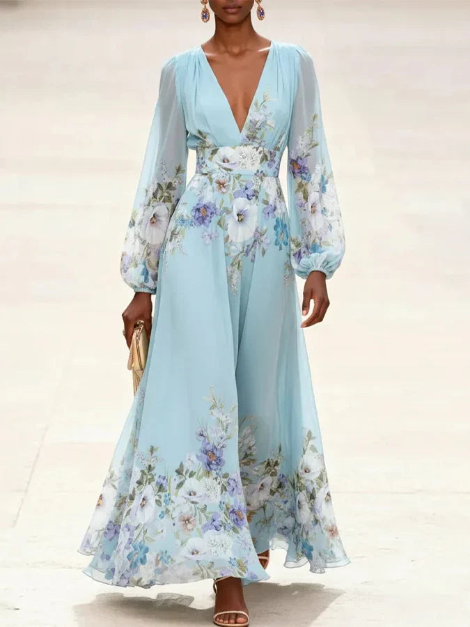Mia | Robe Maxi Chiffon Fleurie Bleu Clair à Col V