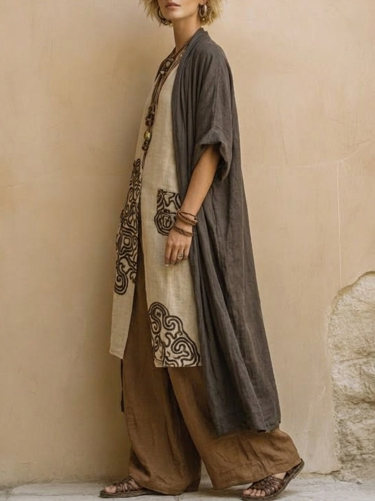 Sophie | Ensemble de trois pièces imprimé tribal gris foncé et marron