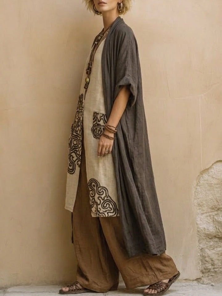 Sophie | Ensemble de trois pièces imprimé tribal gris foncé et marron