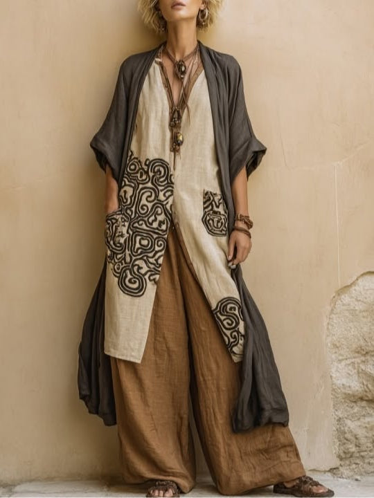 Sophie | Ensemble de trois pièces imprimé tribal gris foncé et marron