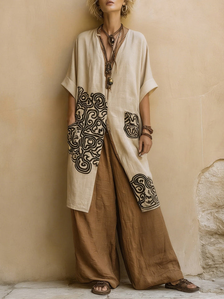 Sophie | Ensemble de trois pièces imprimé tribal gris foncé et marron