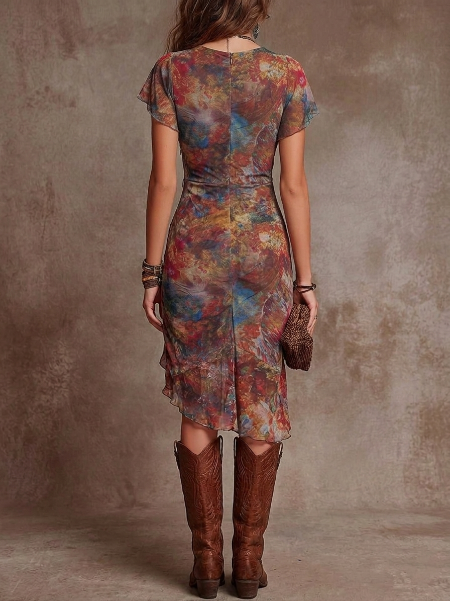 Virginia · Robe Midi Plissée avec Décolleté en V, Imprimé Art Abstrait dans un Style Bohémien