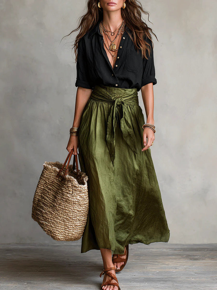 Vera | Ensemble de deux pièces : haut noir et jupe midi vert olive