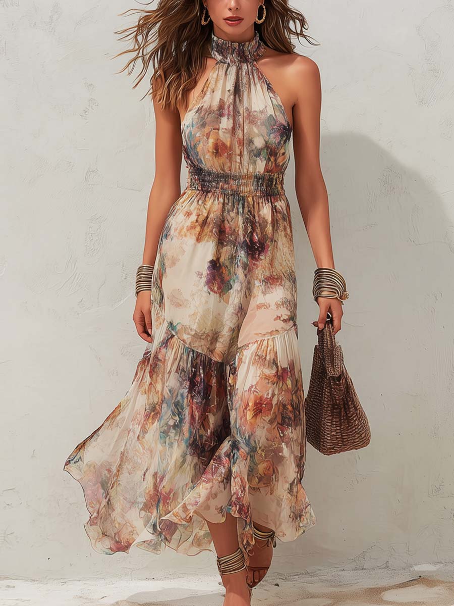 Elise | Robe Maxi Halter Florale Douce