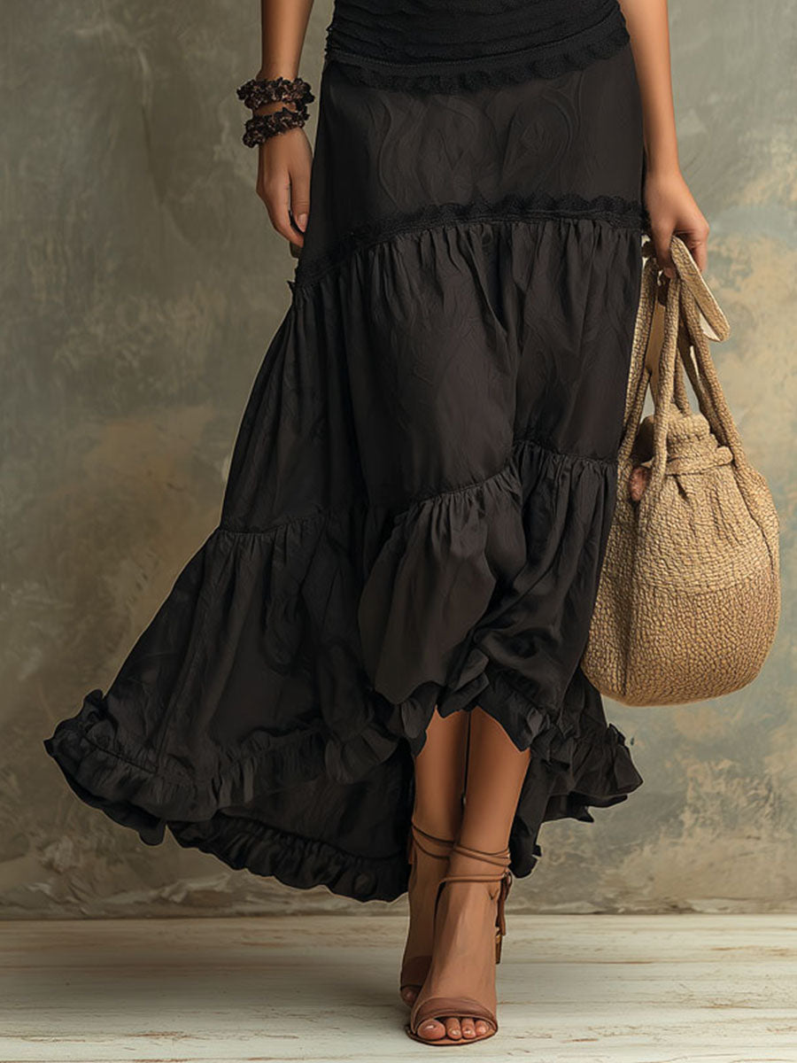 Susie | Robe Maxi en Dentelle Ruffle à Col Montant Bohémien