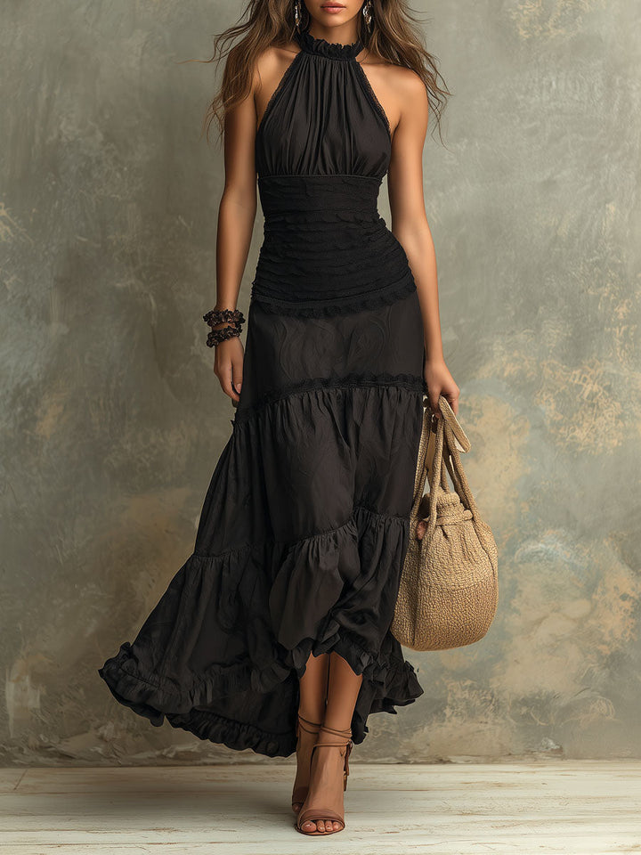 Susie | Robe Maxi en Dentelle Ruffle à Col Montant Bohémien