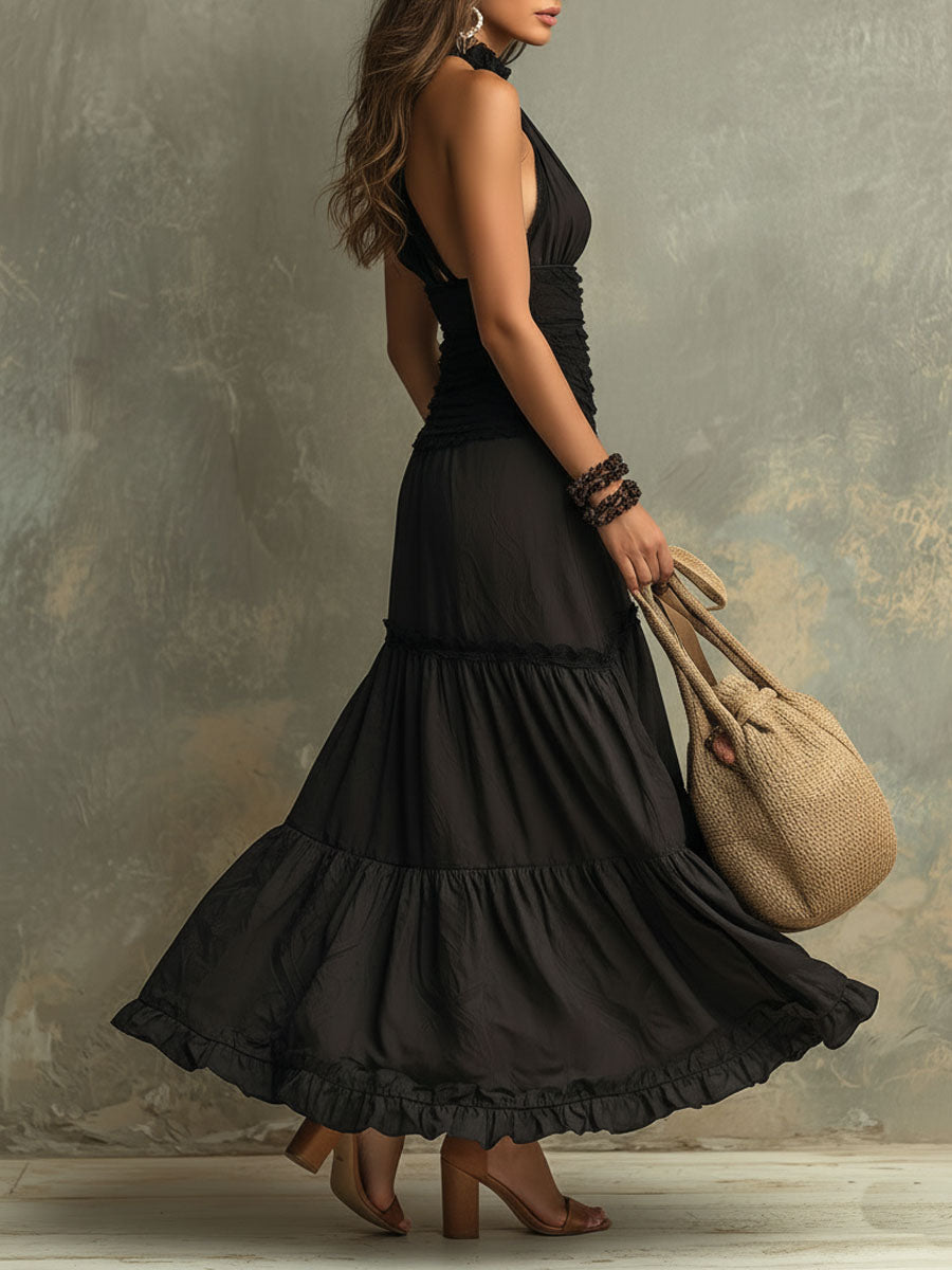 Susie | Robe Maxi en Dentelle Ruffle à Col Montant Bohémien