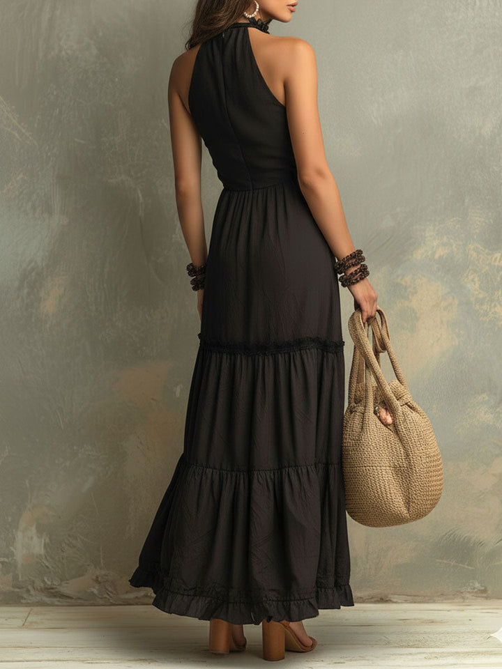Susie | Robe Maxi en Dentelle Ruffle à Col Montant Bohémien