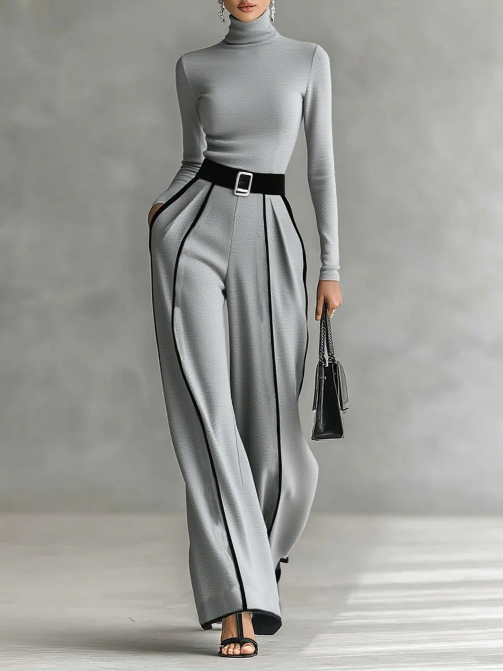 Solana | Ensemble à col montant à manches longues et pantalon à jambes larges avec ceinture