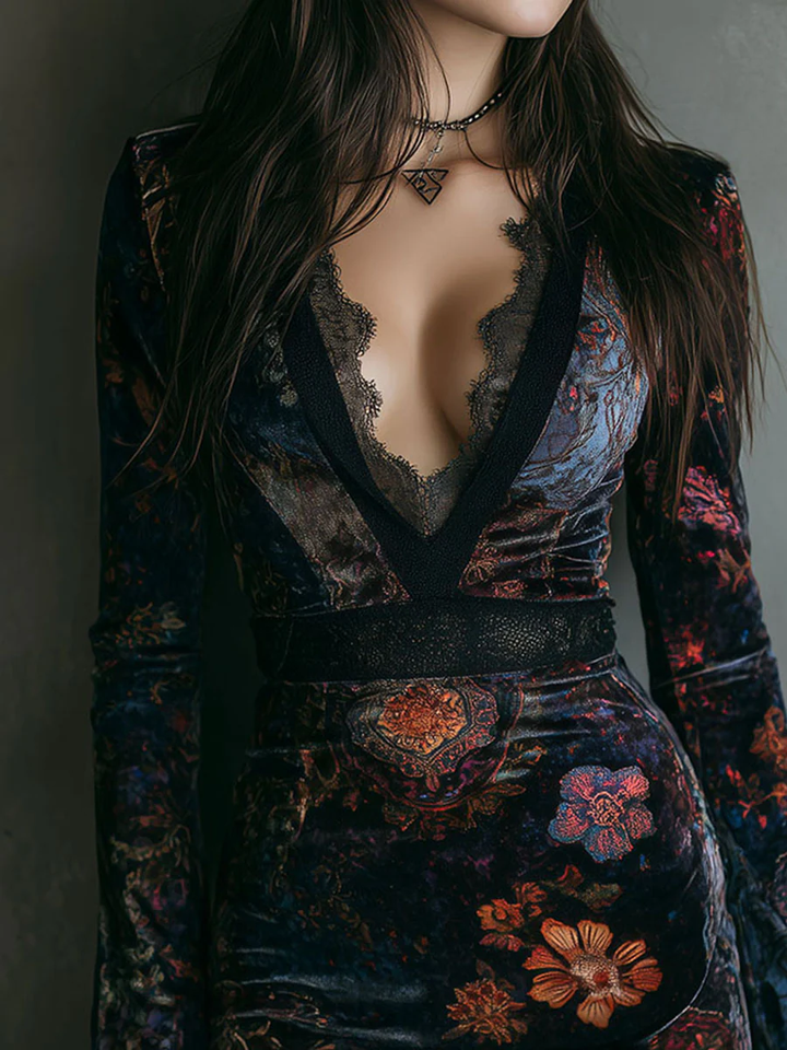 Robe Mini Ajustée en Velours à Imprimé Floral et Décolleté en V
