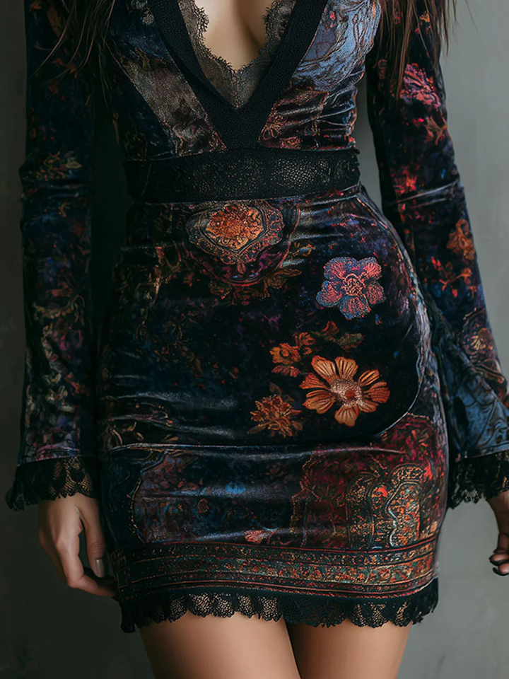 Robe Mini Ajustée en Velours à Imprimé Floral et Décolleté en V