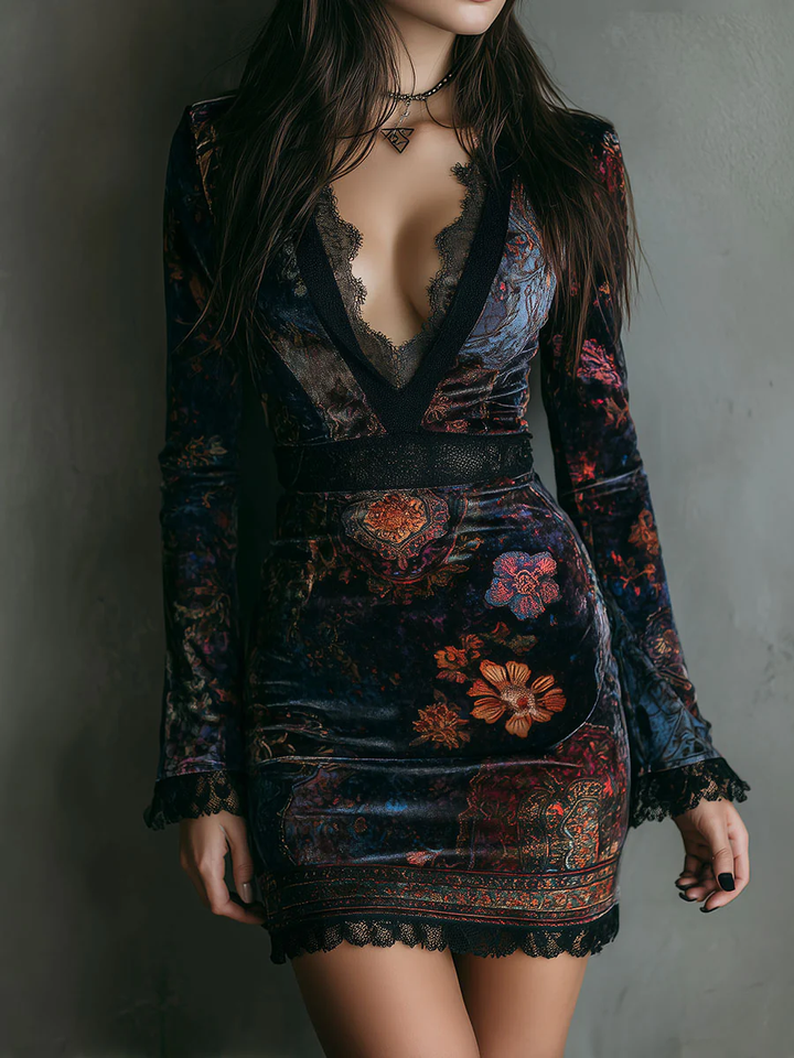 Robe Mini Ajustée en Velours à Imprimé Floral et Décolleté en V