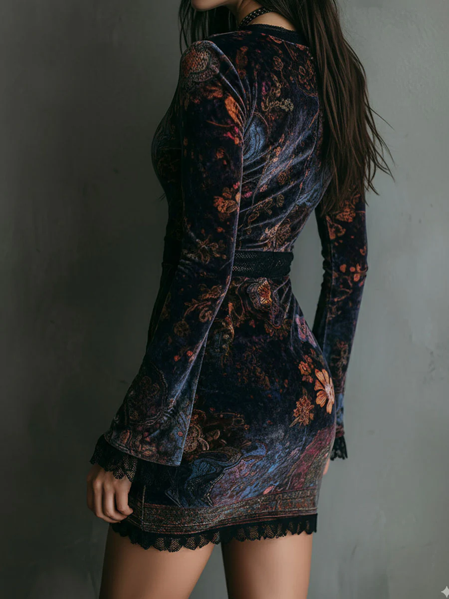 Robe Mini Ajustée en Velours à Imprimé Floral et Décolleté en V