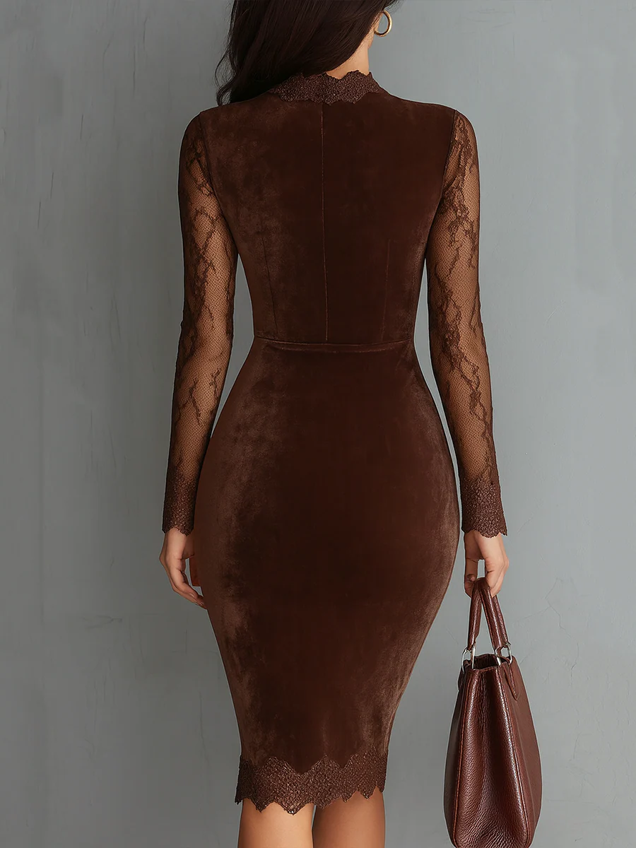 Robe Mini en Velours avec Manches en Dentelle et Découpe en Forme de Clé