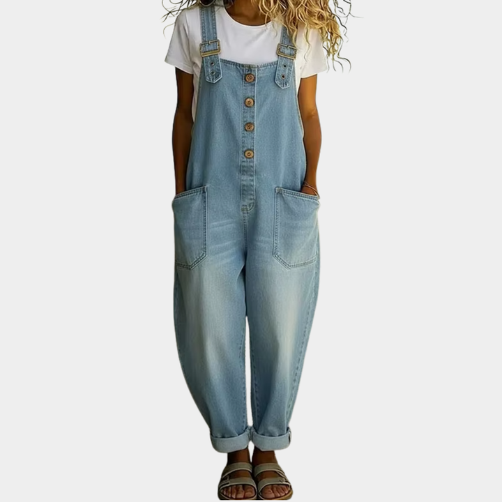 Carmen - Combinaison vintage en denim en coton doux avec bretelles réglables