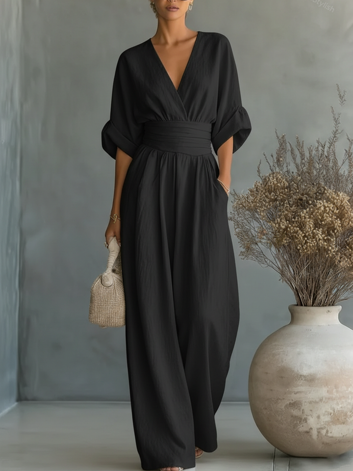 Jumpsuit élégant à encolure en V et taille haute