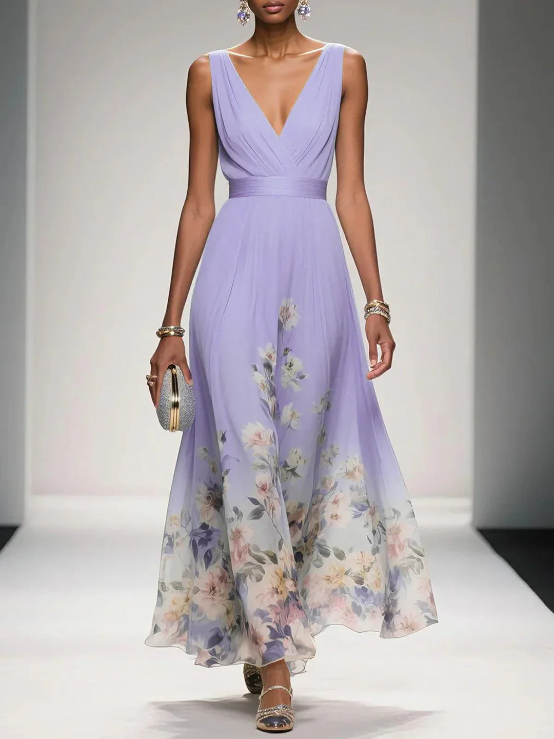 Rose | Robe Maxi Chiffon Fleurie V-Col Light Blue