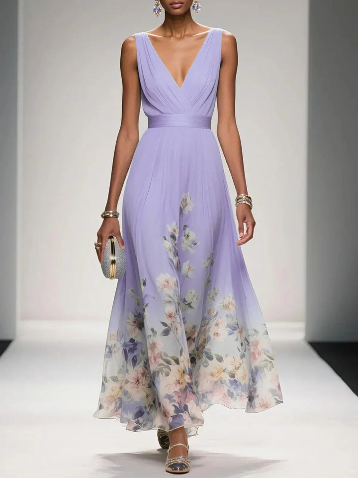 Rose | Robe Maxi Chiffon Fleurie V-Col Light Blue