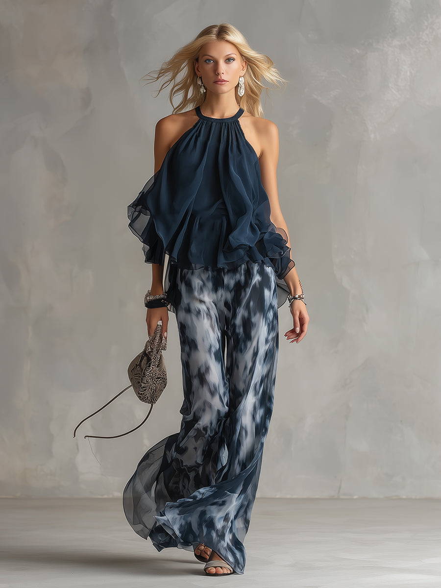Ludovica – Ensemble en chiffon élégant avec haut à col montant et pantalon large imprimé