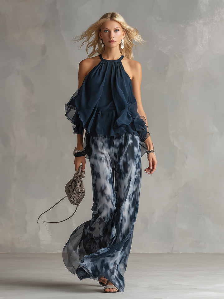 Ludovica – Ensemble en chiffon élégant avec haut à col montant et pantalon large imprimé