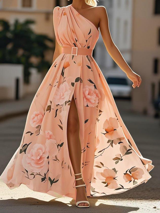 Julie | Robe Maxi Chiffon Floral Vert Clair à Une Épaule
