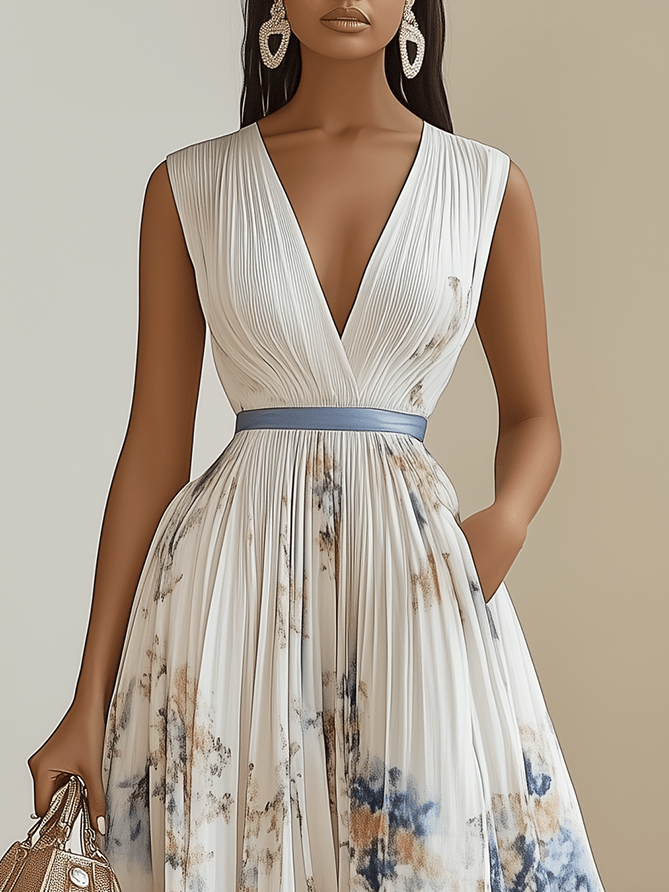 Chloé | Robe Midi Plissée en Chiffon Floral Blanc à Col V