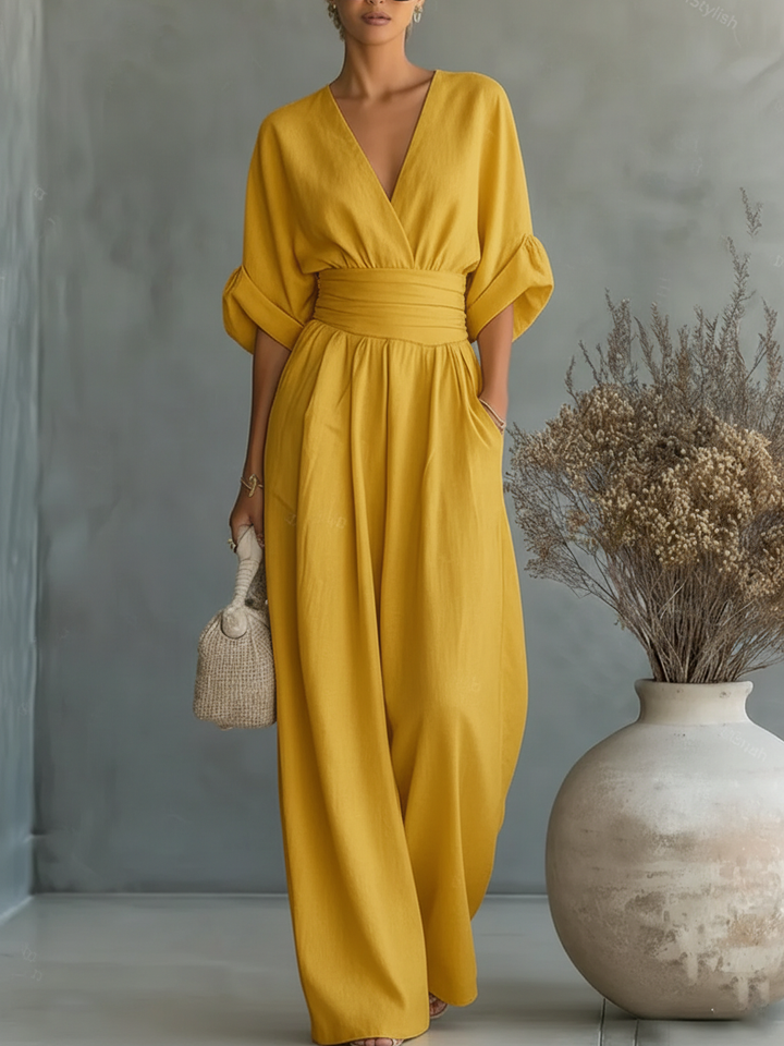 Jumpsuit élégant à encolure en V et taille haute