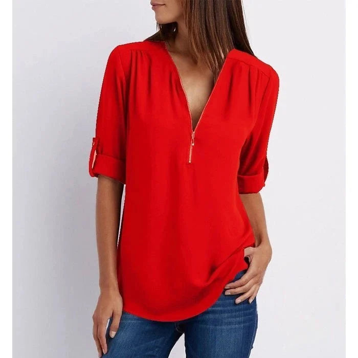 Lucas|Blouse à manches 3/4 en vrac avec fermeture éclair