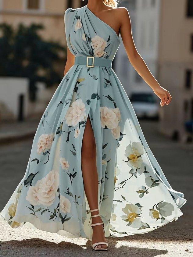 Julie | Robe Maxi Chiffon Floral Vert Clair à Une Épaule