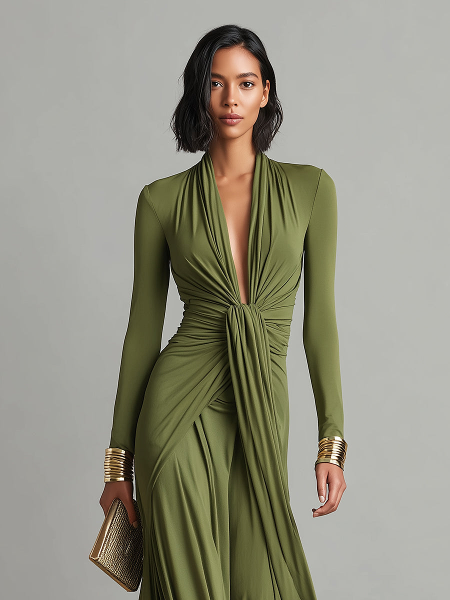Robe Longue en Soie Élastique Verte Olive avec Décolleté en V Profond et Détails Volants, Robe Maxi Glamour