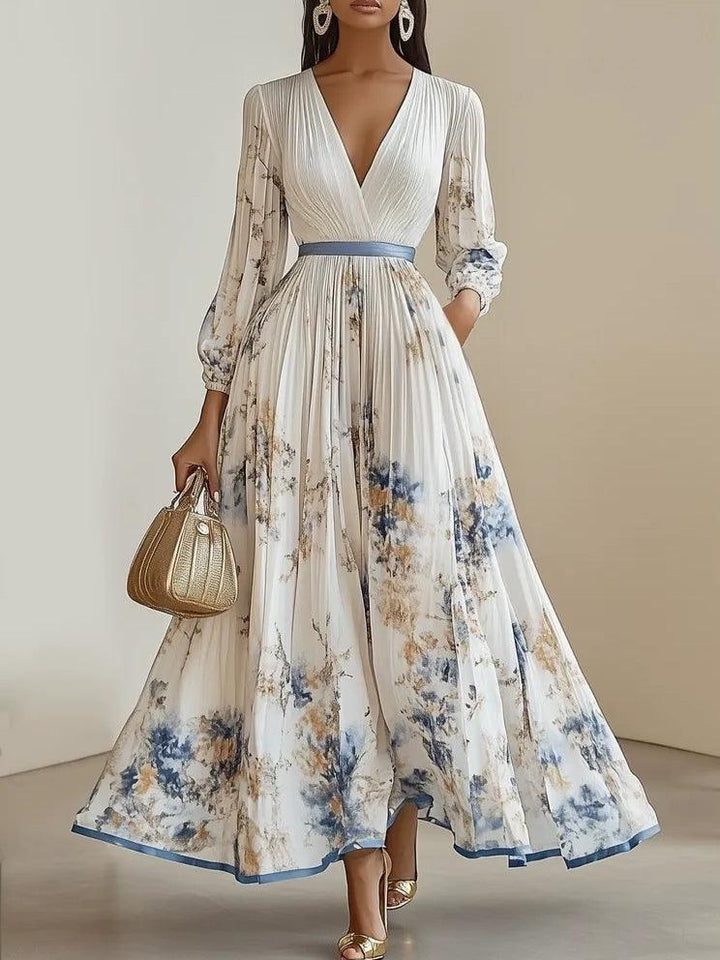 Amalia | Robe Maxi Chiffon Florale Blanche à Manches Bouffantes