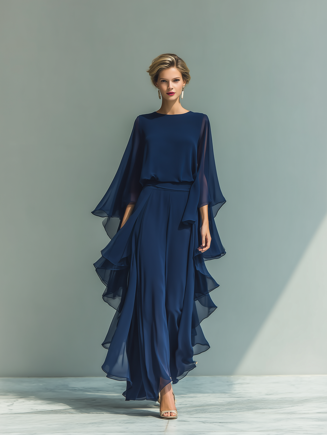Ensemble Haut Bleu Marine avec Manches Évasées et Pantalon Droit avec Détails Ruchés